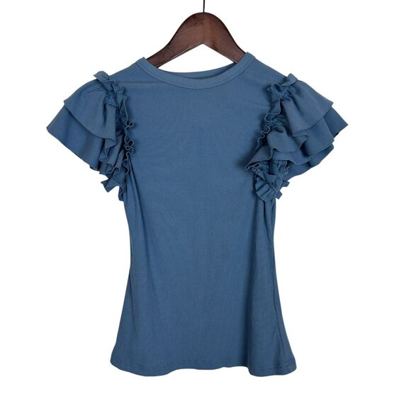 Tankaneo Tiktok Blue Ruffle Sleeve Ribbed Slim Fit Shirt Top Women's Small - Picture 3 of 6